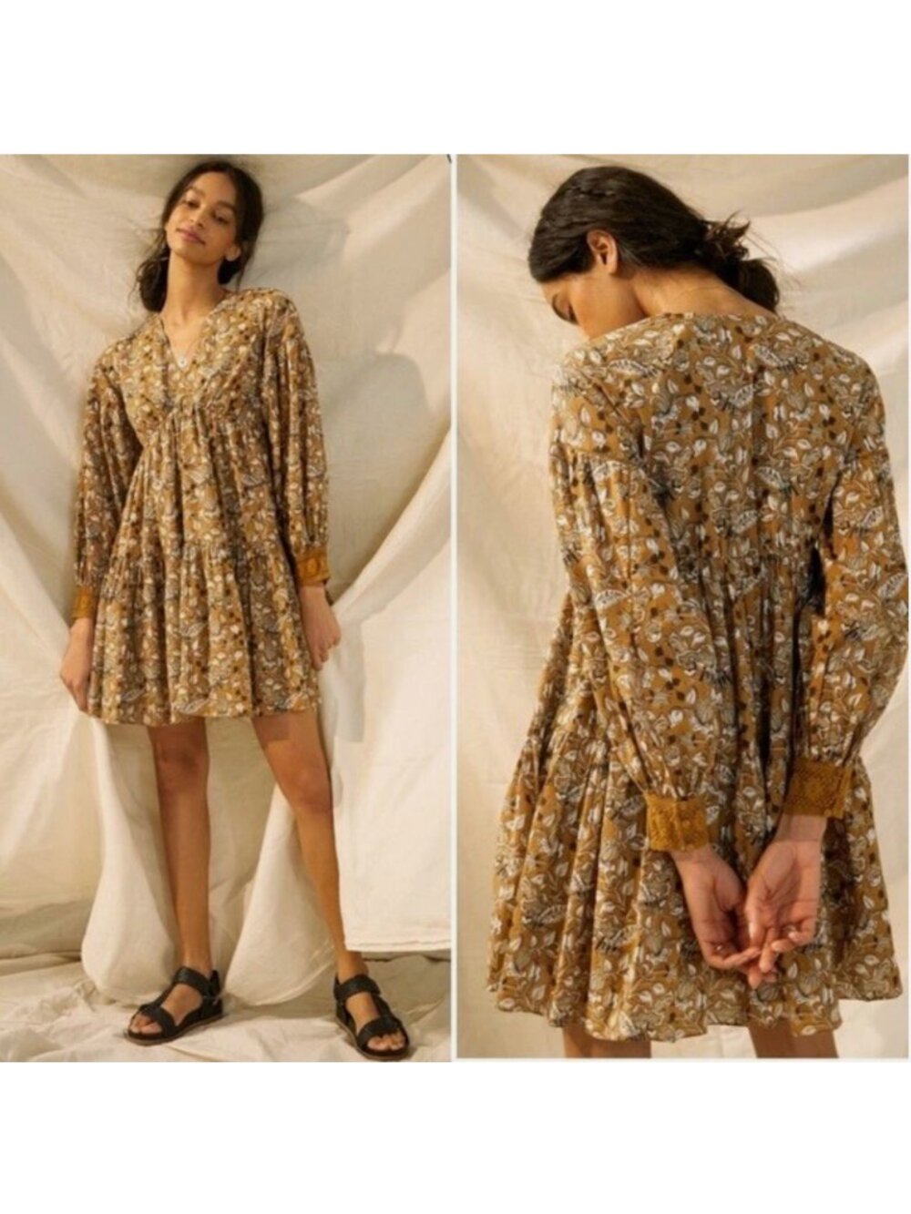 Anthropologie Mustard Floral Long-Sleeve Tiered Mini Dress